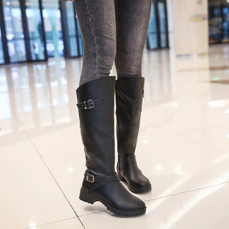 

Cowgirl Knee-High Riding Boots Women PU Leather Low Heel Warm Coldproof Booties TY66