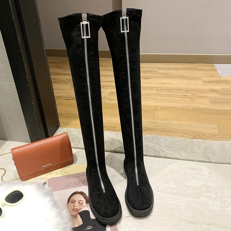 Женские сапоги выше колена удобные женские зимние из флока высокие до бедра
