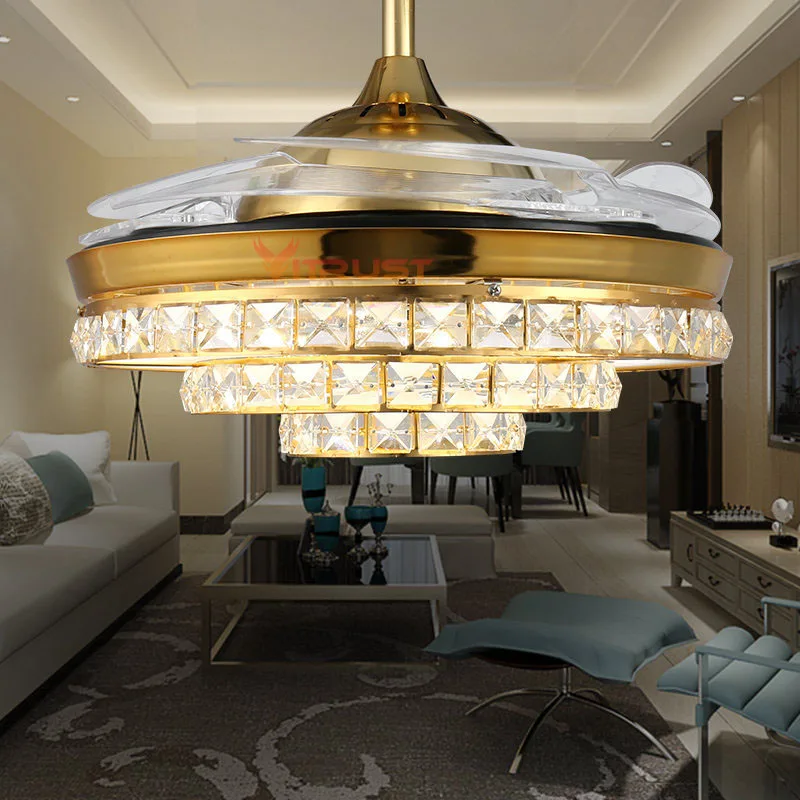 NEW Crystal Ceiling fan Lights 42 Inch Invisiable Gold Fans Lighting Living Room Dining Hanging Bedroom 110V 220V | Лампы и освещение