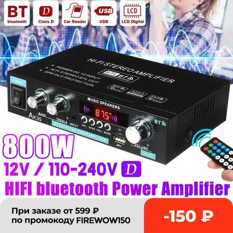 

AK35 домашние усилители 2 канала Bluetooth 5,0 объемный звук FM дистанционное управление мини HIFI стерео цифровой усилитель поддержка TF AUX