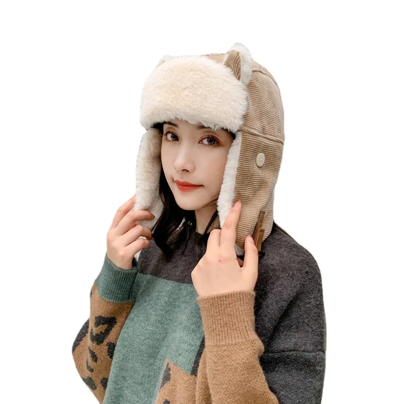 

Solid Color Cotton Hat Foldable Ear Flap Trapper Bomber Windproof Hats leifeng Hat Warm Hat Mask Fit Ski Cycling