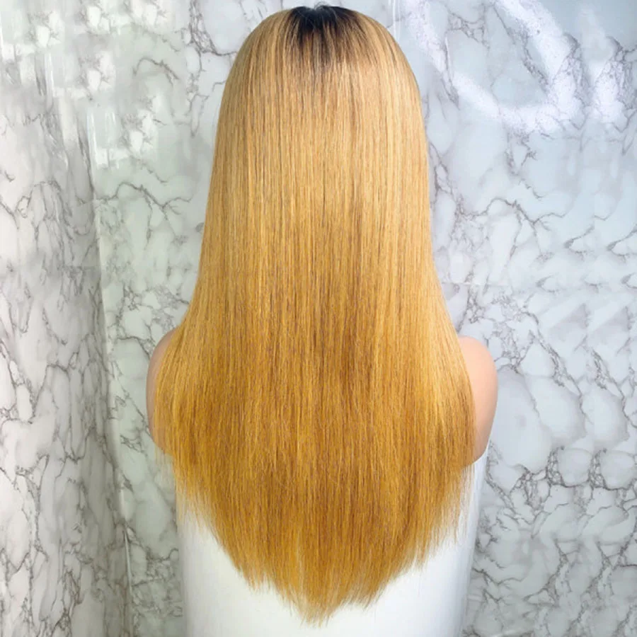 

Medium Long Synthetic Ombre Blonde Straight Lace Front Wig for Black Women With Babyhair Natural Hairline Middle Part Daily Soft