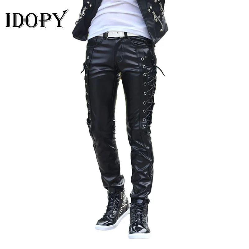 Мужские кожаные брюки Idopy в стиле панк облегающие из искусственной кожи на