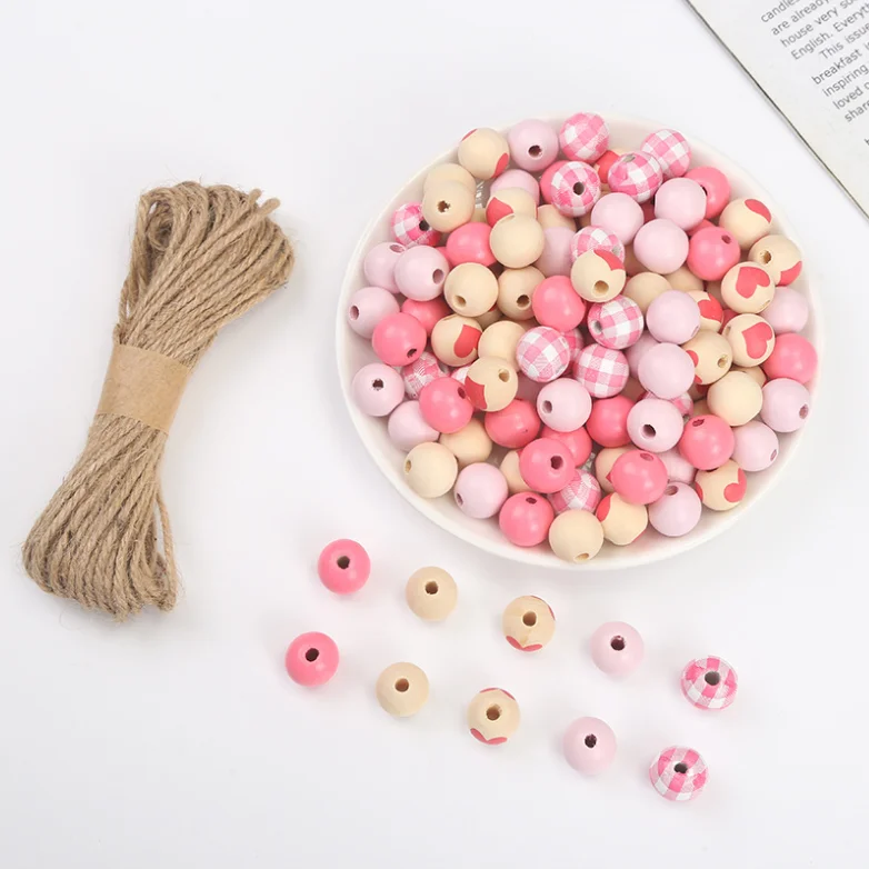 

Each 40pcs Candy Round Wood Beads And Beading Stretch Cords Hemp Rope Line 10 meters Valentine's day Making Bracelet Necklace