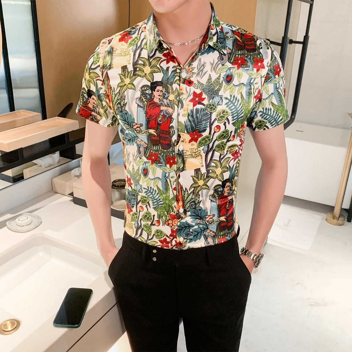 Гавайская Летняя мужская рубашка модная узкая сорочка с цветочным принтом