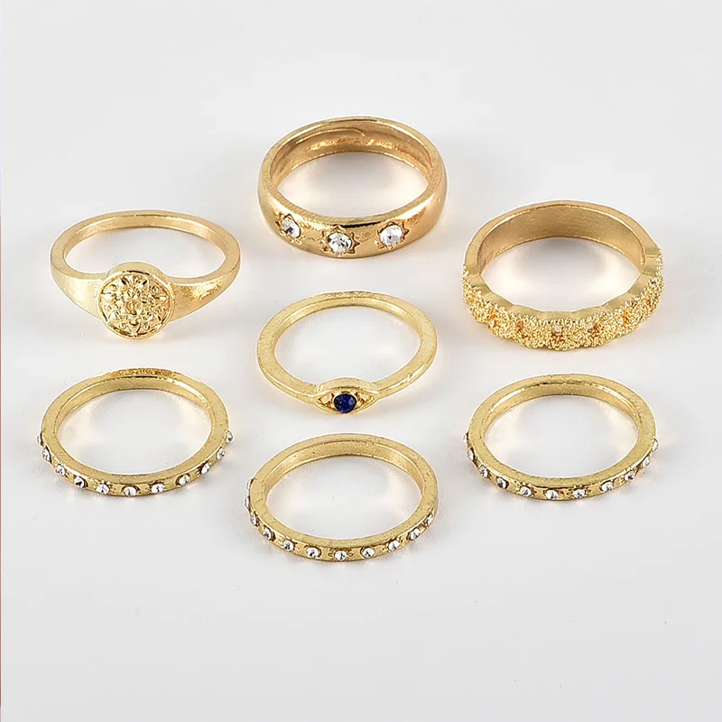 7 шт./компл. простые женские кольца с подсолнухами глазами и голубыми кристаллами