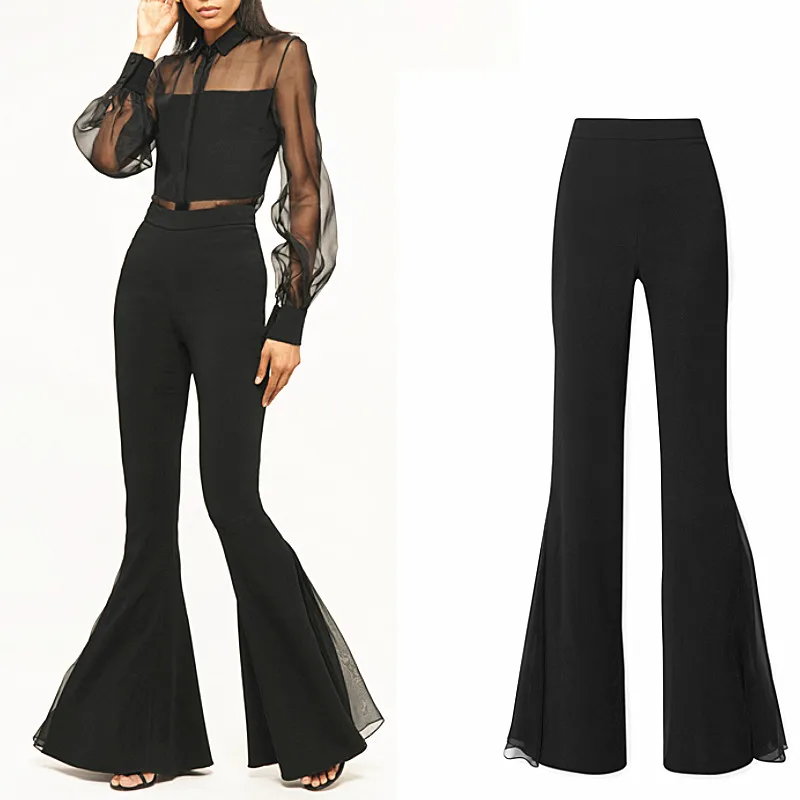 

Женские брюки-клеш в пол, с разрезом и шифоновой сеткой, F1357