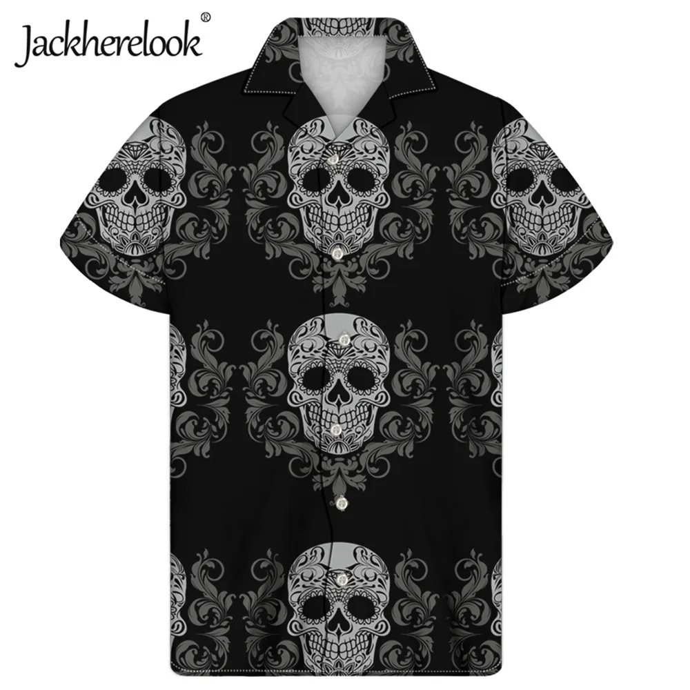 

Jackherelook Fashion Men Tops Shirts Black Skull Pattern Hawaiian Shirt Summer Loose Men's Clothing Short Sleeved Beach Clothes