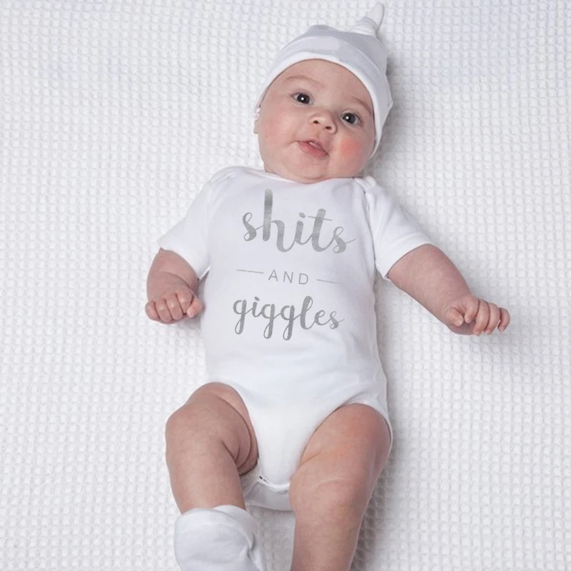 

Shits and Giggles Letters Print Baby Bodysuit White Short Sleeve Kids Jumpsuits Summer Cotton Baby Clothes for Boys Girls
