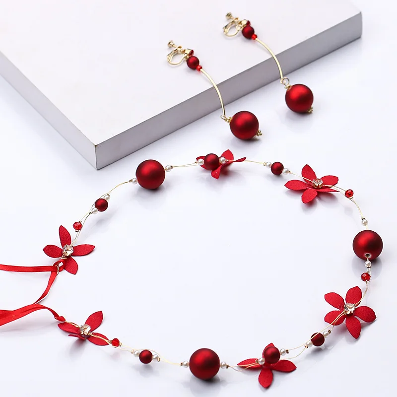 Simple Bridal Crystal Pearl Red Flowers Tiara Fashion Women Headband Lace Hair Jewelry Set Gift Wedding Dress Accessories gala | Украшения