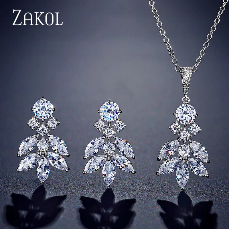 ZAKOL Роскошные Длинные серьги с фианитом в форме листа ожерелье набор Свадебные