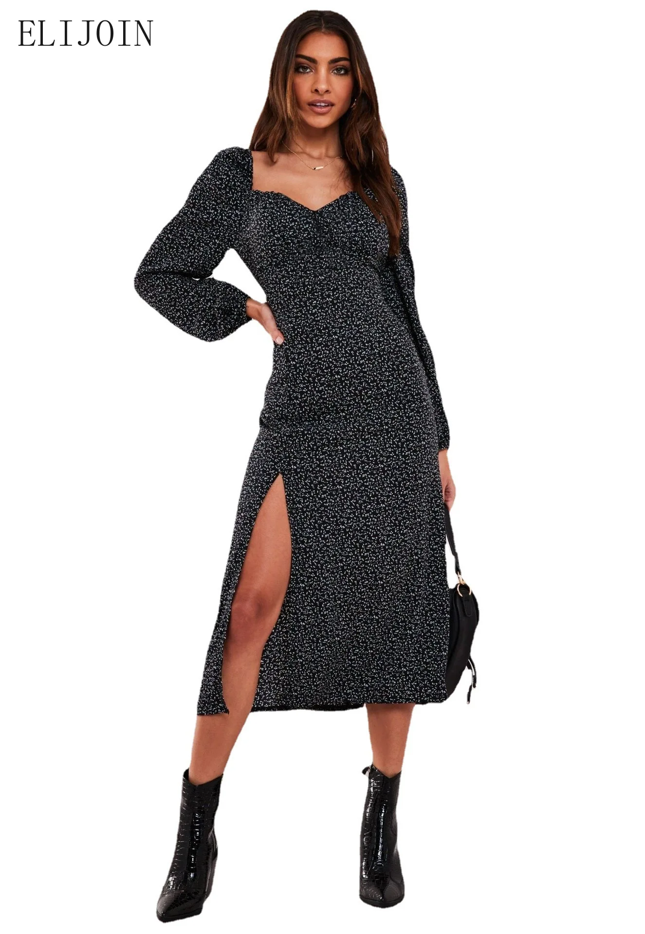 

ELIJOIN fashion floral dress gentle wind square collar long sleeve digital printed split skirt.