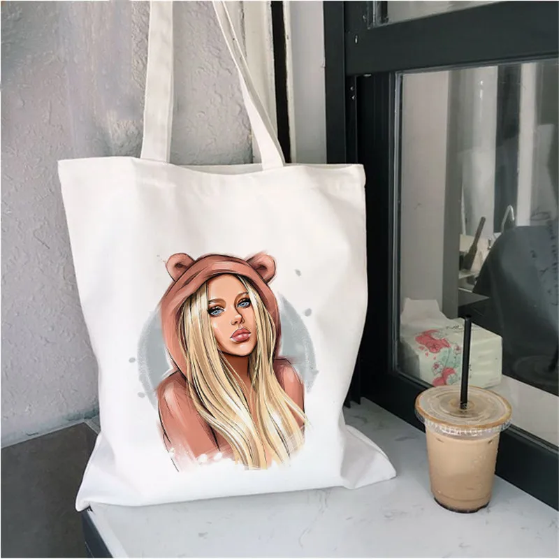 

Beautiful Girls Women's Canvas Shoulder Tote Bag Large Capacity Shopping Bags Female Handbag Foldable Reusable Beach Shopper Bag