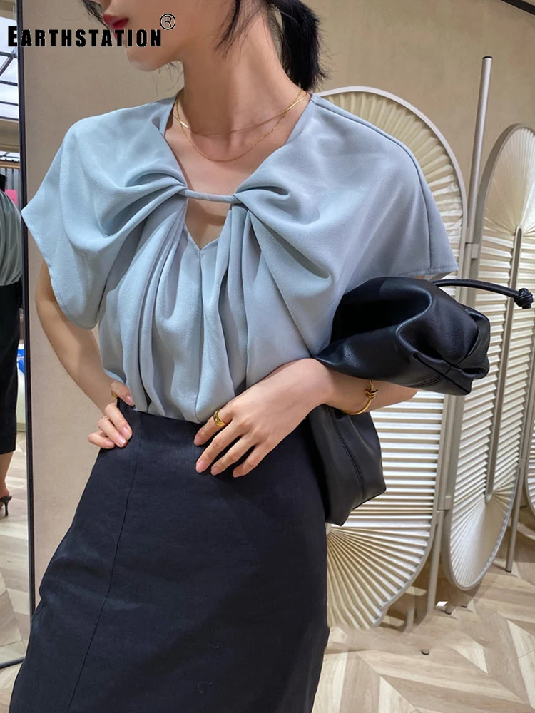 Женская свободная рубашка Zou однотонная плиссированная с кольцом и вырезом