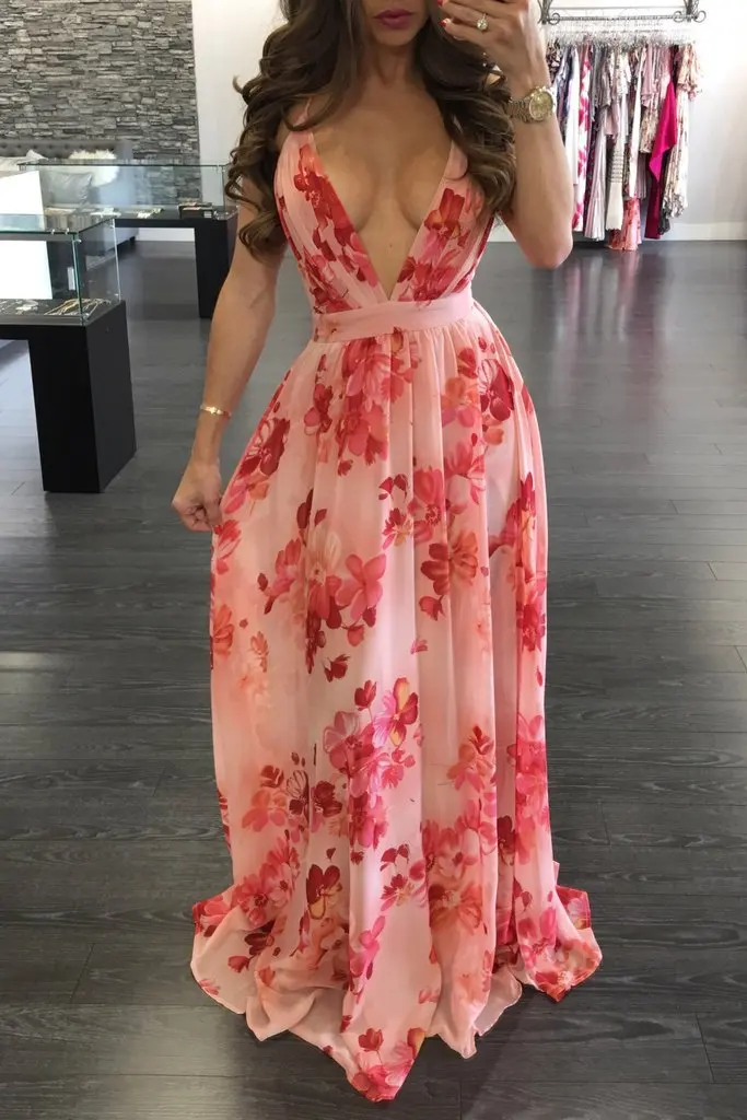

Ym-8212 deep V-neck open back Chiffon Dress