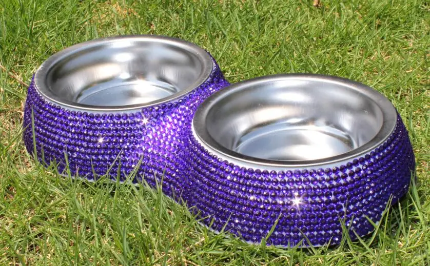 Purple Bling украшения с камнями и стразами Металл Нержавеющая сталь двойной закусочной Pet Cat маленькая миска для собак - Цвет: Purple