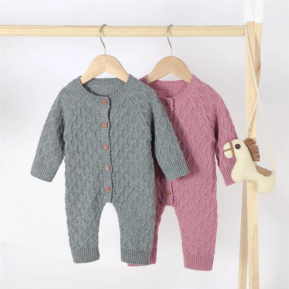 

Newborn Infants Baby Knitting Romper Jumpsuit Suit Fall Winter Long Sleeve Round Collar Crotch Buttons Clothes+Hat