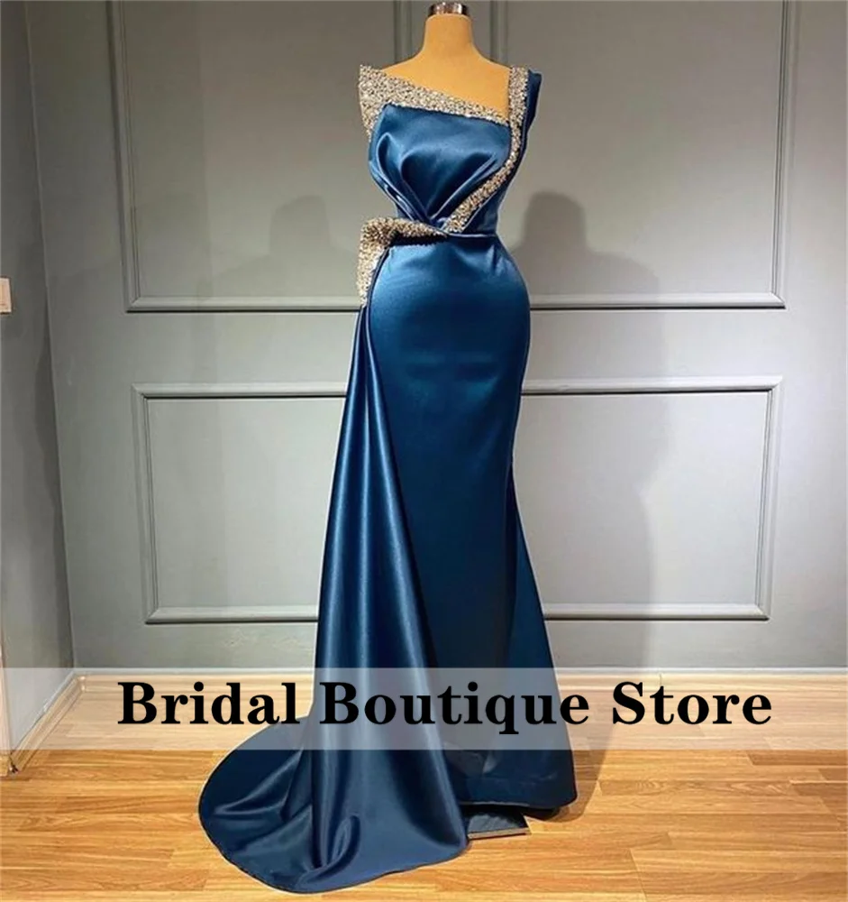 

Elegant Beaded Dubai Evening Party Ceremony Dresses Satin Sweep Train Mermaid Formal Prom Party Gowns Vestidos Robes De Soirée