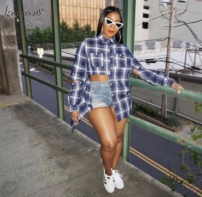 

Multi Button Cutout Long Sleeve Oversized Plaid Shirts Plus Size Fashion Casual Women Blouses Cardigan