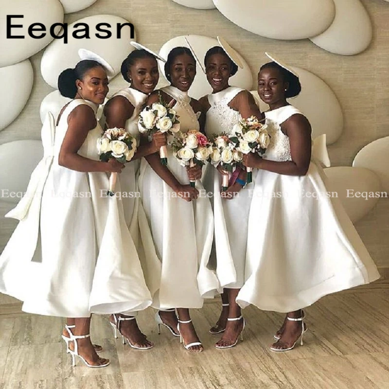 

2020 Tea Length White Lace African Bridesmaid Dresses Women Maid Of Honor Dress Wedding Party Dress Formal Gown Plus Size