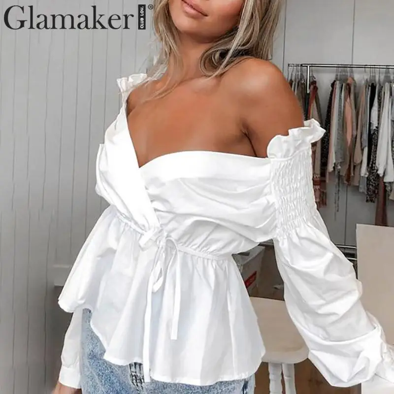 Glamaker с открытыми плечами v образным вырезом Женская блузка длинным рукавом