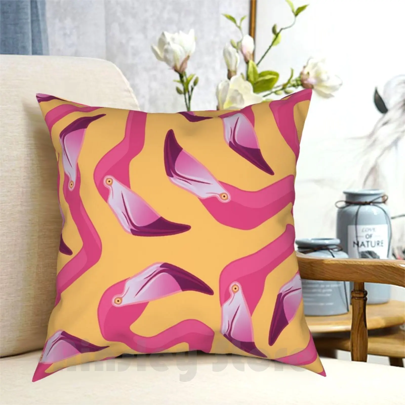 

Flamingo Maze Pillow Case Printed Home Soft Throw Pillow Flamingo Flock Flamingoes Tropical Birds Geometric Pink Yellow