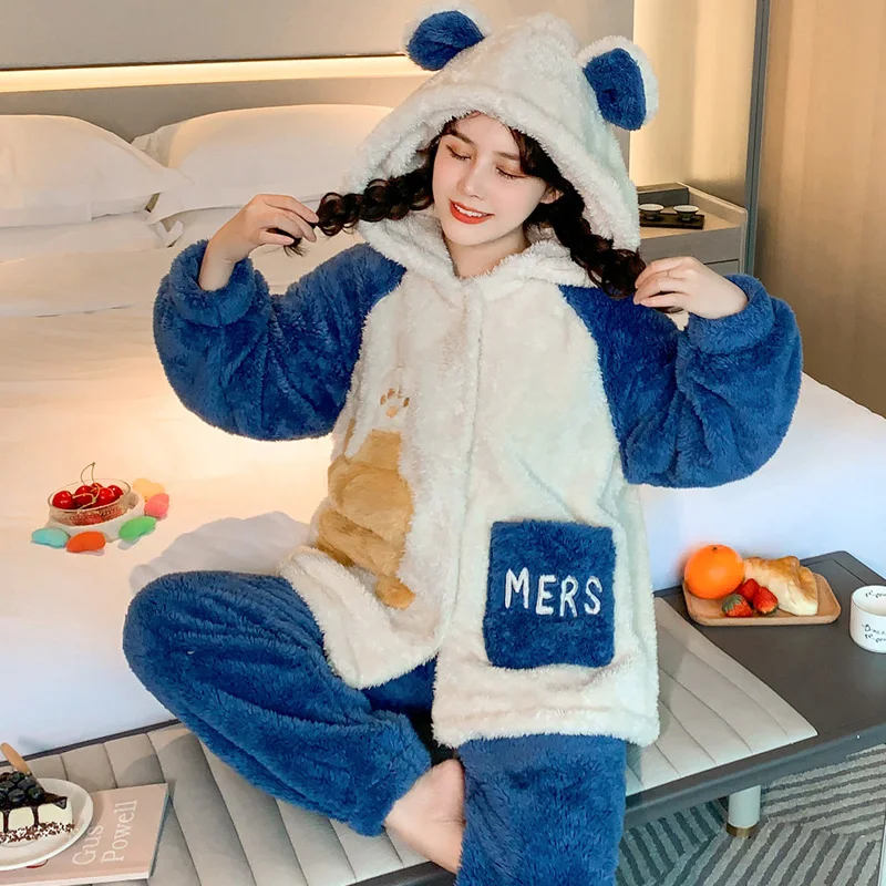 Plush Women Sleepwear Winter Pajamas Hooded Loose Version Pajama Set Inspissate Nightgown High Quality Packed Thicken женский