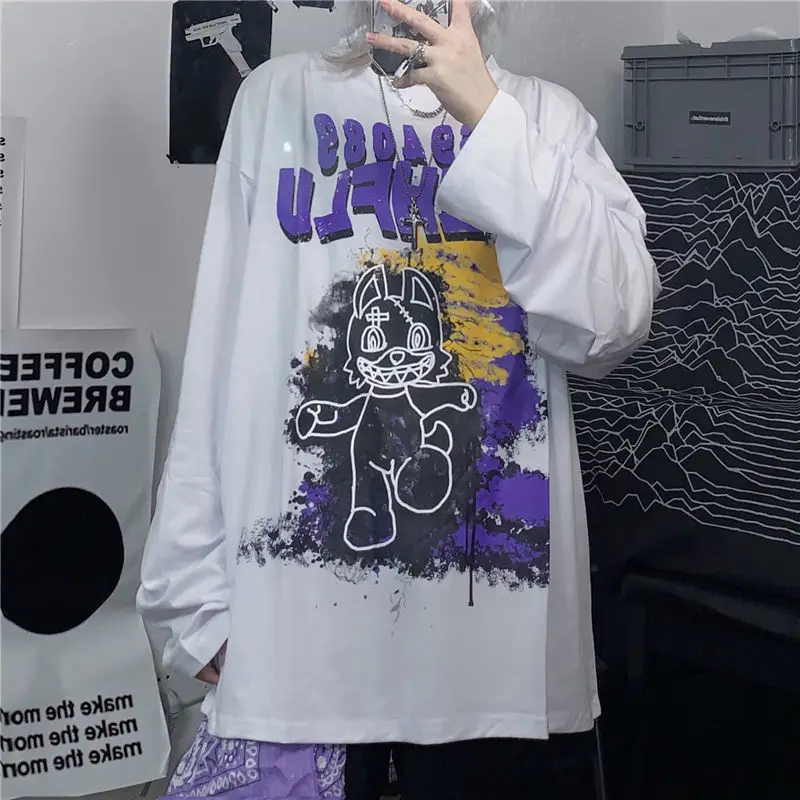 

HOUZHOU White Oversize T-Shirt Harajuku Gothic Long Sleeve Y2k Aesthetic Graphic T Shirts Goth Streetwear Women Hip Hop Clothes