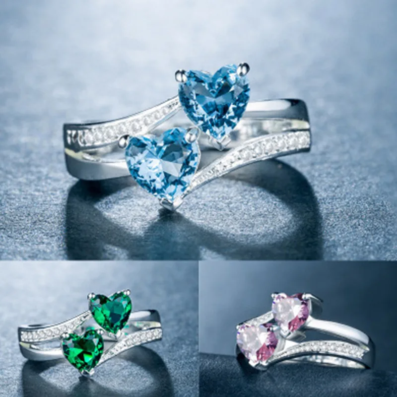 

2021 New Double Heart-shaped Zircon Ring Simple and Fashionable Women's Ring Daily Birthday Party Anniversary Engagement Gift