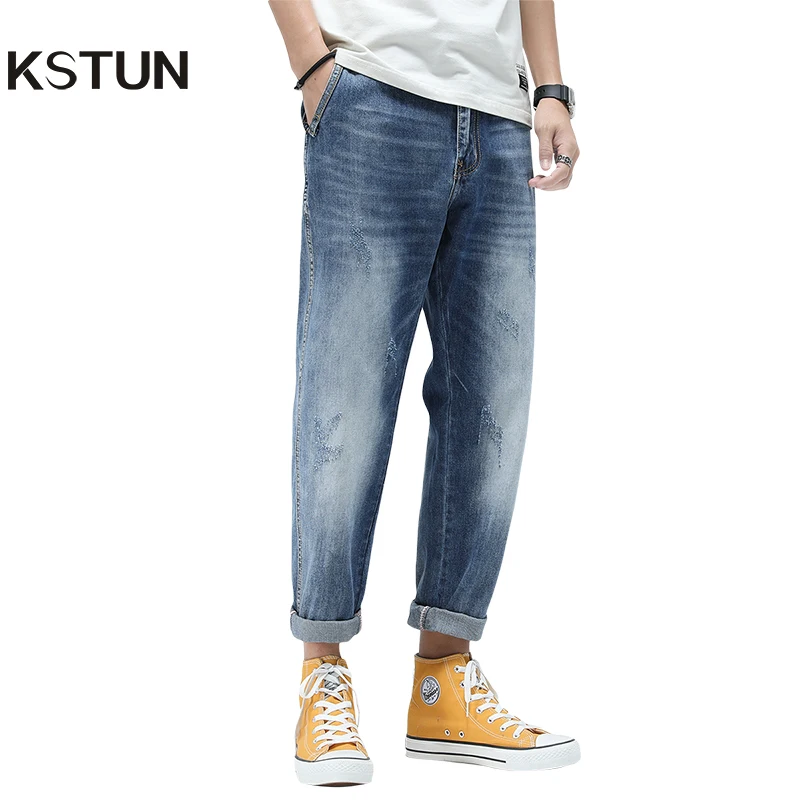 

Мужские джинсы штаны-шаровары брюки для девочек; Сезон весна-лето синий свободный крой, свободные джинсы с дырками на коленях для мужчин Шир...