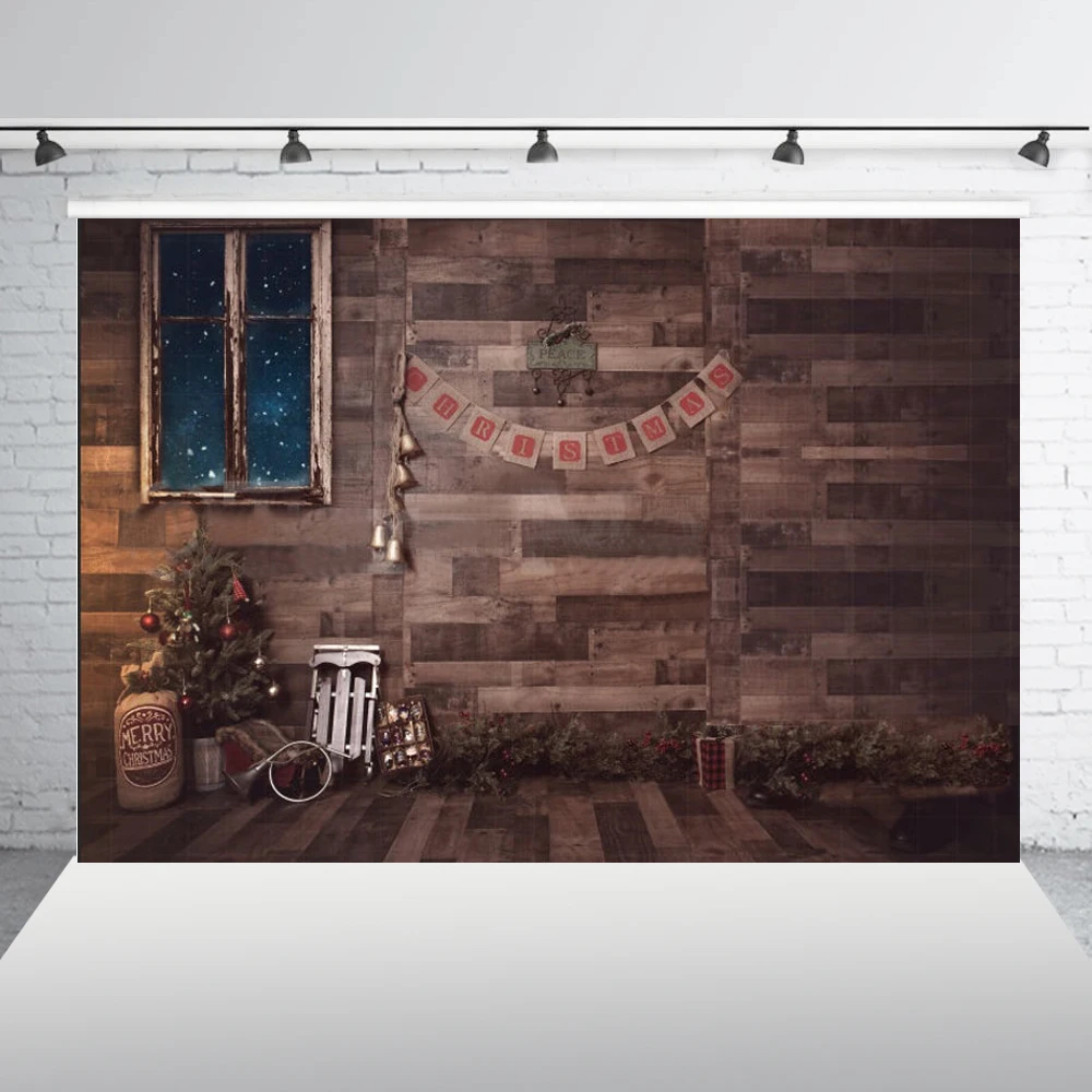 Рождественский фон с Деревянной Стеной деревенский деревянный пол окно небо