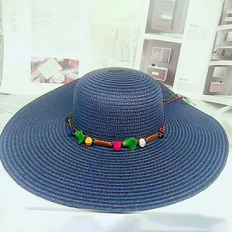 

Summer Hat Women Glass String Decoration Straw Beach Visor Protection Sun Hats Wide Brim Sunhat Chapeau Femme Dropshipping