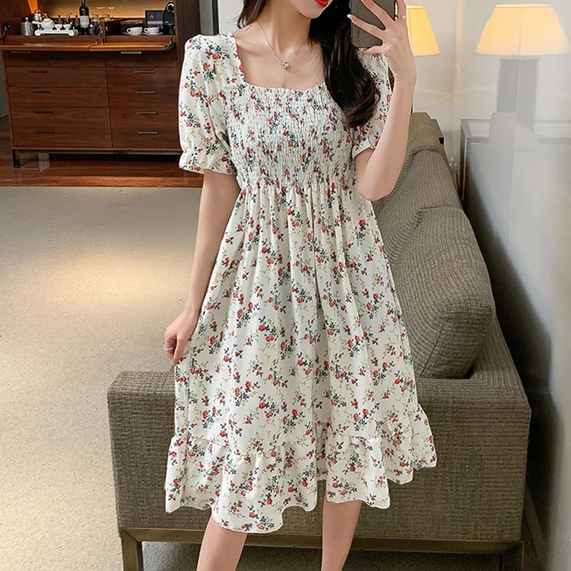 Женские плиссированные платья с высокой талией и цветочным принтом лето 2021