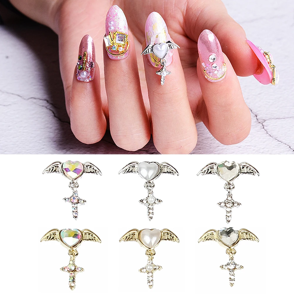 10 Pcs/lot Gold Heart Wing Pendant Design Diy Studs For Charms Strass Nails Art Alloy Metal AB Rhinestones 3D Decor Nail | Дом и сад