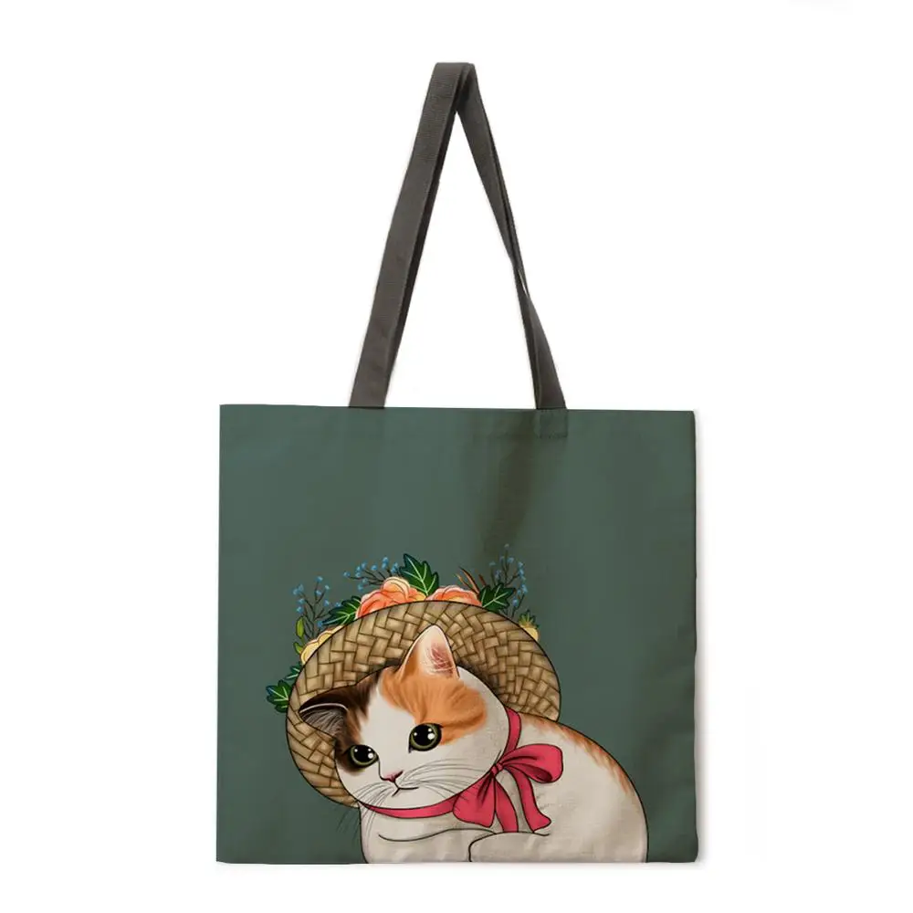 

Tilted head cat linen tote bag beach bag lady shoulder bag foldable shopping bag reusable fashion bag