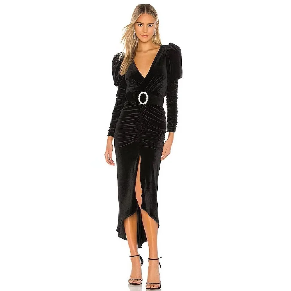 

Winter ladies velvet diamond belt sexy pleated long dress 2020New women's long sleeve Christmas fashion party dress bing XL