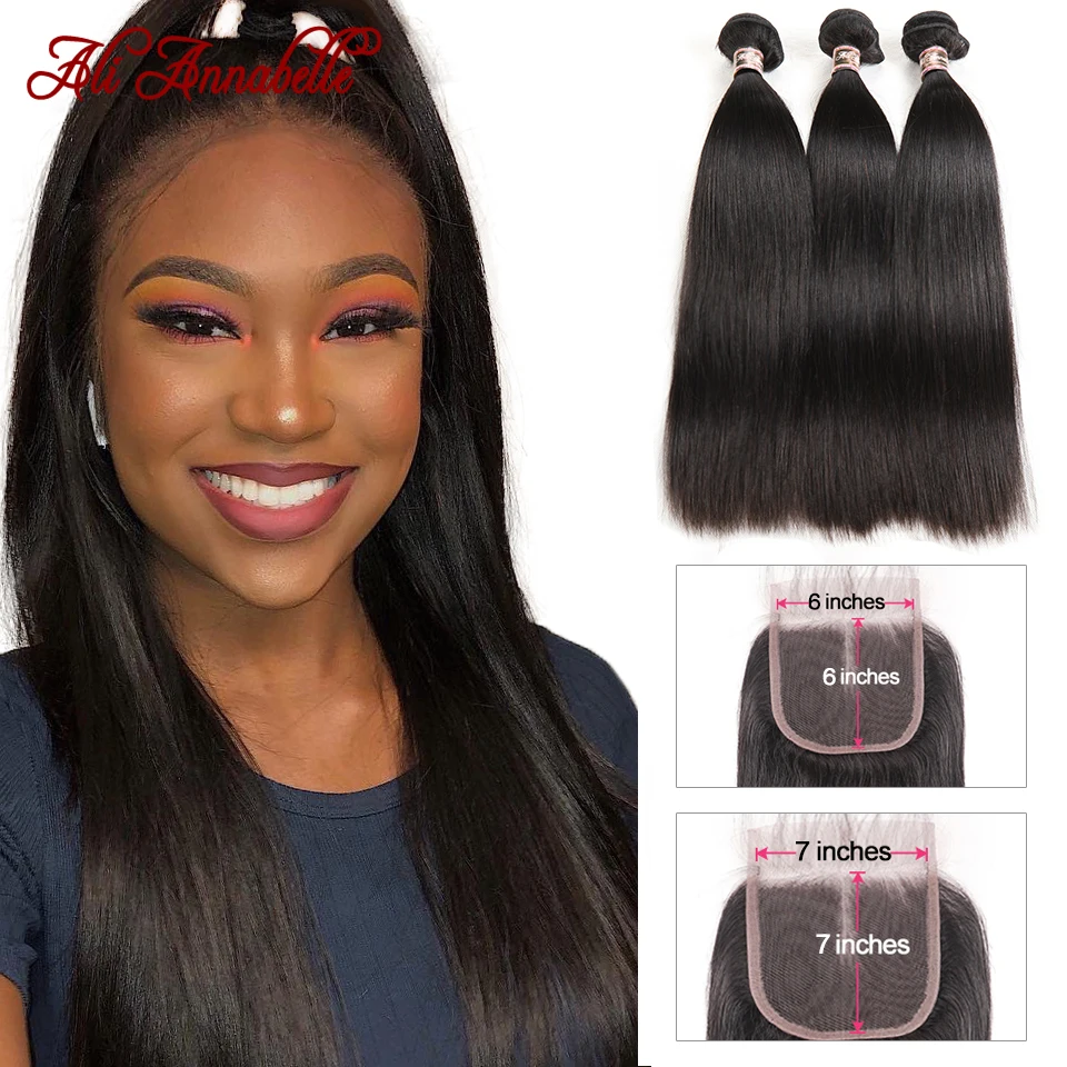 Человеческие волосы пряди с закрытием прямые 7x7 6x6 кружевная застежка