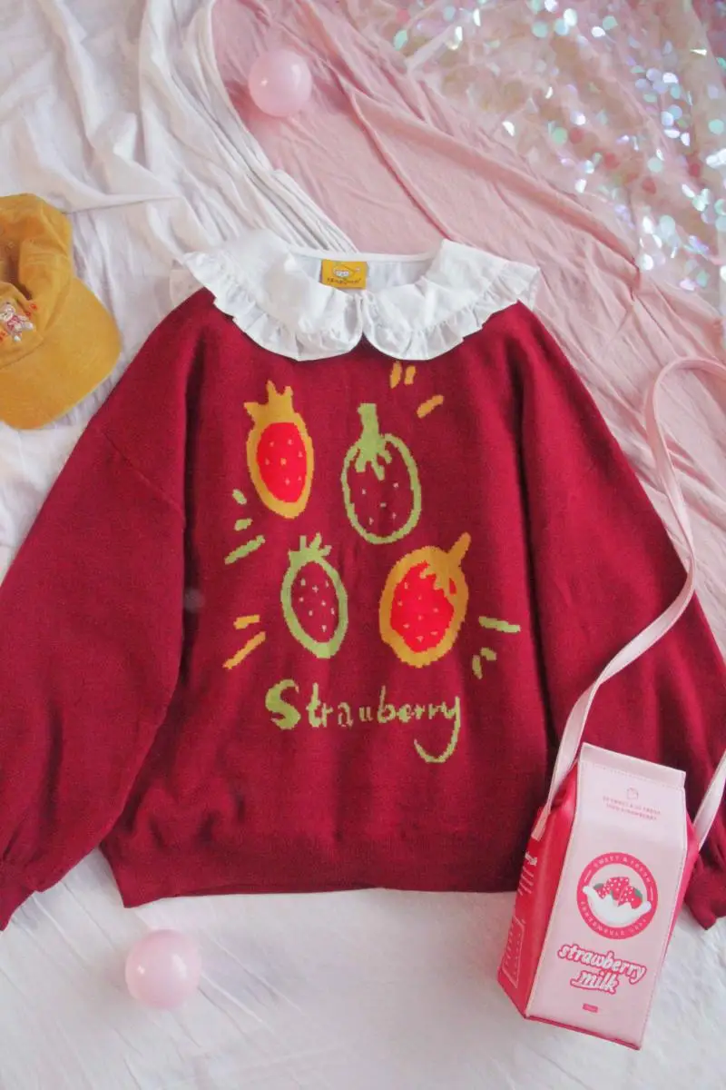 

New Year Red Pullover Women Spring Loose Japanese Harajuku Cute Strawberry Pattern Blue Knitted Sweater Female Base Jumper Tops