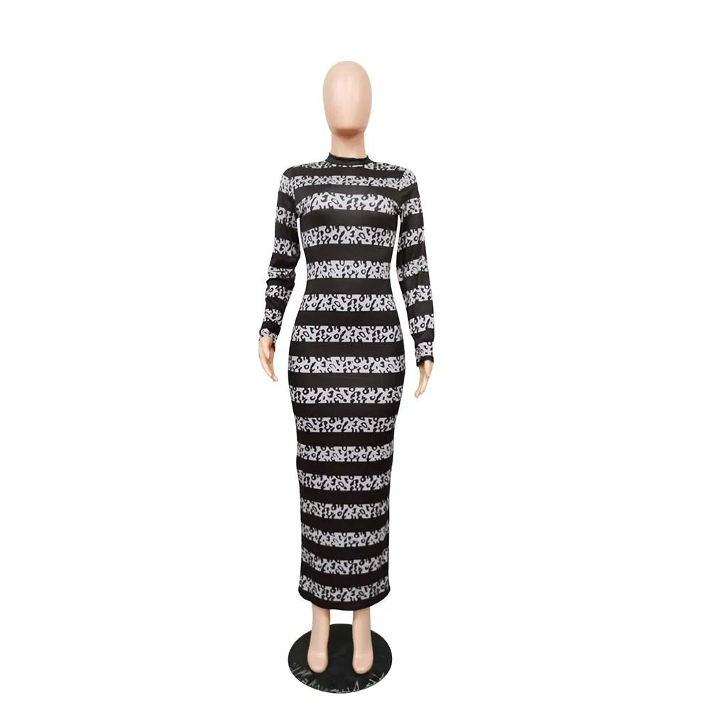

Elegant Women Leopard Print Striped Long Dress Autumn Winter Zipper Long Sleeve Sexy Hips Bodycon Robe Maxi Party Night Vestidos