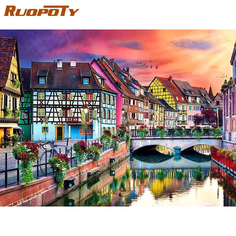 

RUOPOTY 60x75cm DIY Frame Painting By Number Kits Colorful City Picture Drawing Coloring By Numbers Acrylic Paint For Home Decor