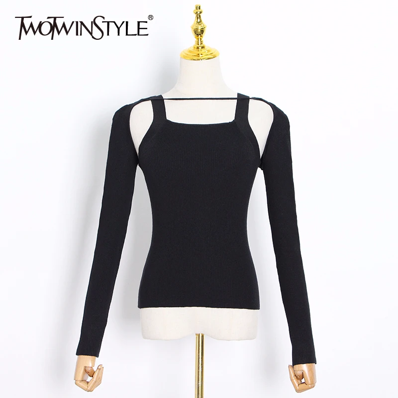 

Женский свитер с квадратным воротником TWOTWINSTYLE, черный облегающий свитер с длинным рукавом, осень 2020