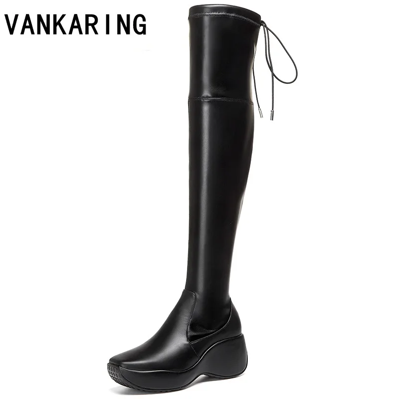 

winter women shoes thigh high platform wedges boots slip-on boots shoes woman over the knee high boots soft leather shoes black
