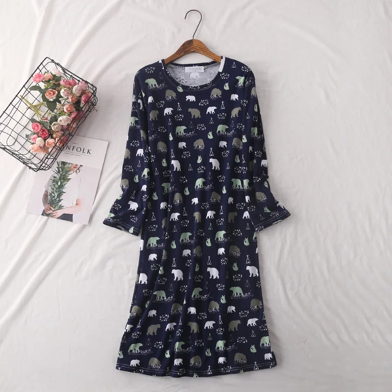 Spring Women Knitted Pure Cotton Lengthen Nightgown Round Neck Cartoon Sleepwear Long Sleeve Night Gown Sexy Nightwear Dress | Женская