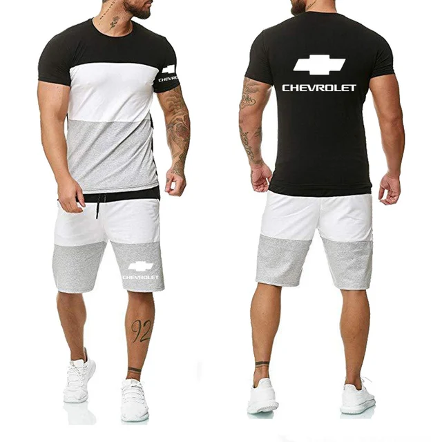 

New Fashion Summer Men T-Shirts Chevrolet Car Logo Print Shor Sleeve Casual Cotton Round Collar Men T-shirt+shorts 2pcs suit