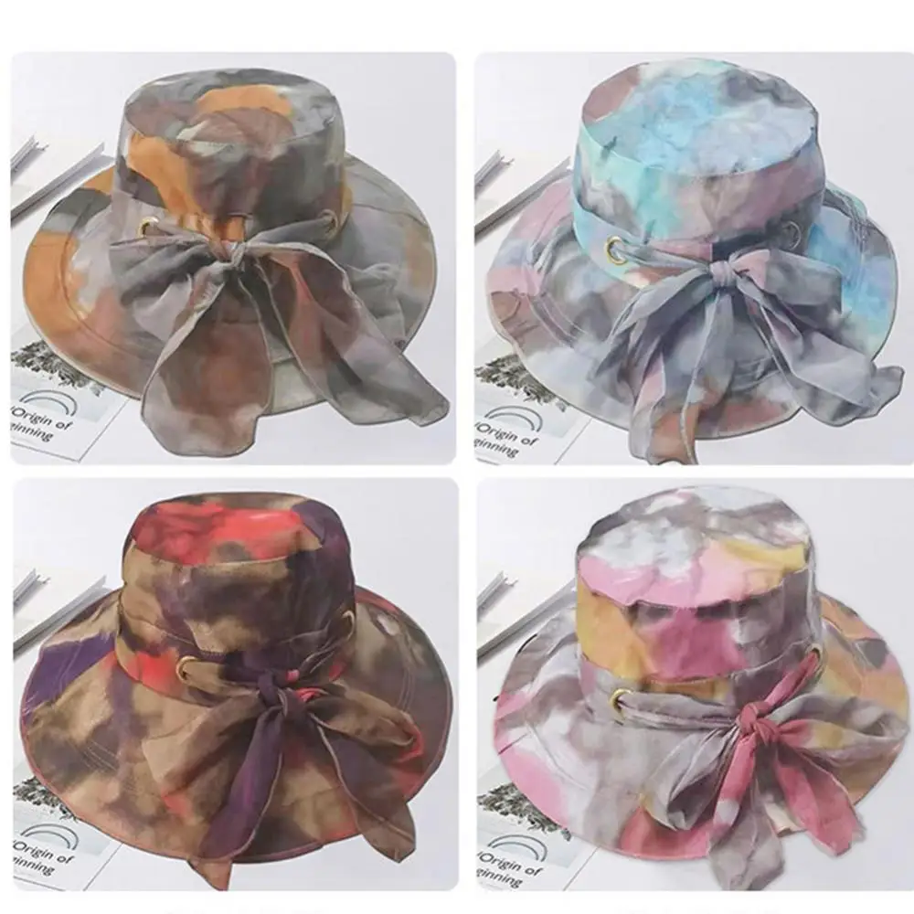 

Hot Sales Women Summer Tie Dye Wide Brim Bow Decor Foldable Outdoor Sun Hat Bucket Cap