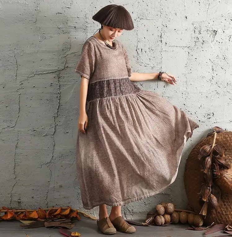 NINI WONDERLAND летнее лоскутное хлопковое льняное платье с коротким рукавом, женское свободное повседневное длинное платье с принтом, винтажная одежда большого размера