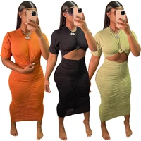 club clothing vacation 2 piece sets women tops party dress suit two outfits pure color pleated long skirt short sleeve sexy