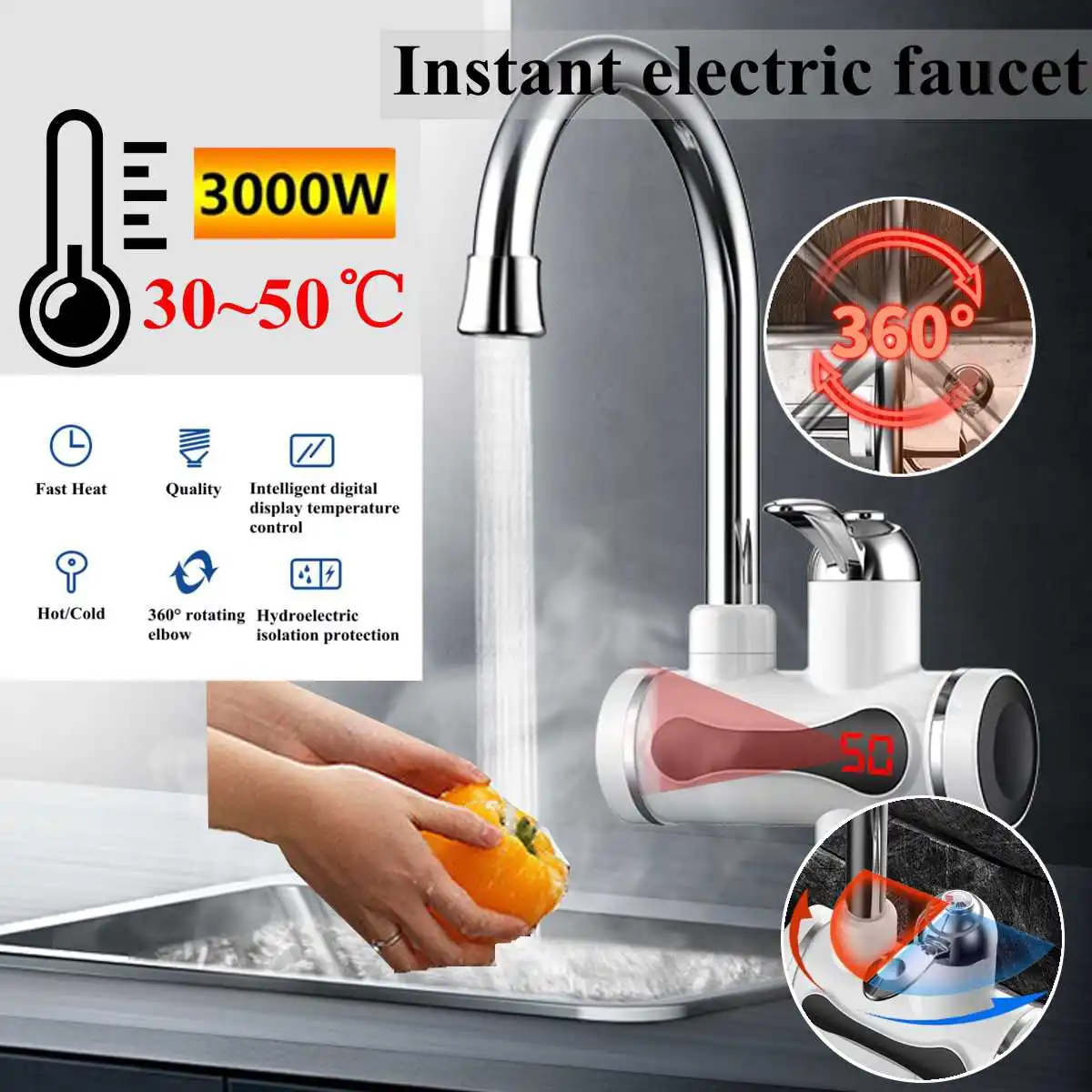 

3000W Instant Electric Faucet Tap Hot Water Heater Stainless Steel Under Inflow LED Display Bathroom Kitchen