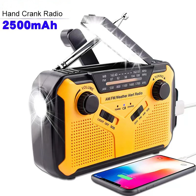 

Портативный радиоприемник FM AM WB SOS, аварийный ручной радиоприемник на солнечной батарее, USB-радио с фонариком, светодиодный светсветильник льник для чтения, внешний аккумулятор