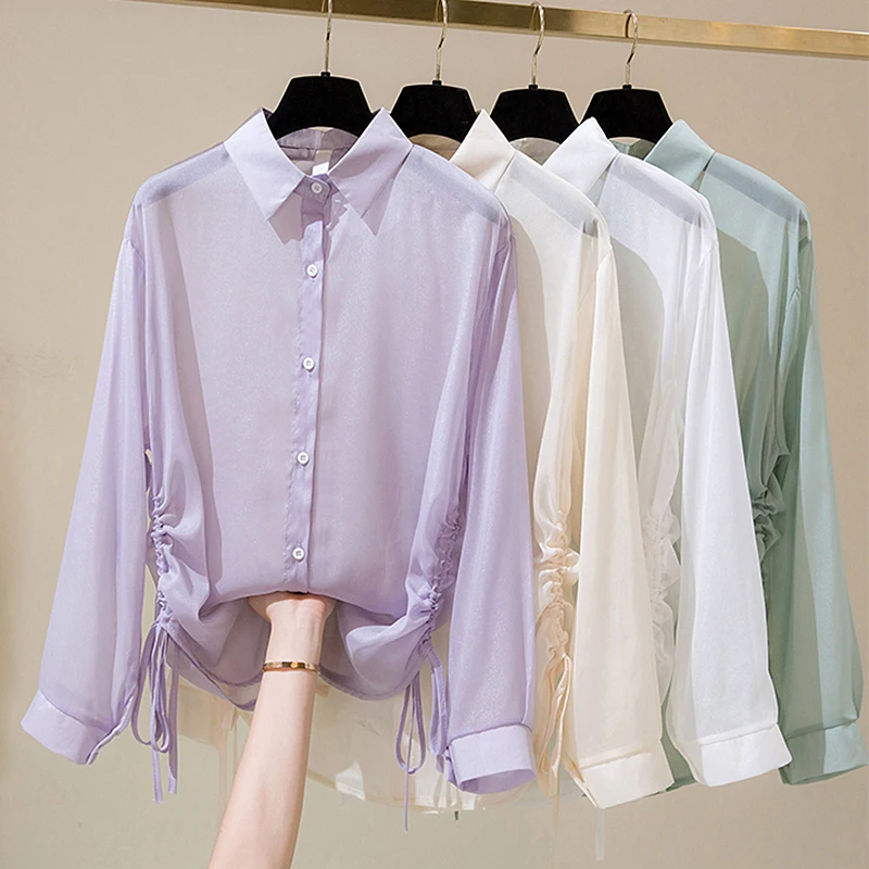 

Модная шифоновая блузка женская 2021 летняя пижама с длинным рукавом блузки и топы для девочек, детские комплекты размера плюс тонкие рубашки...